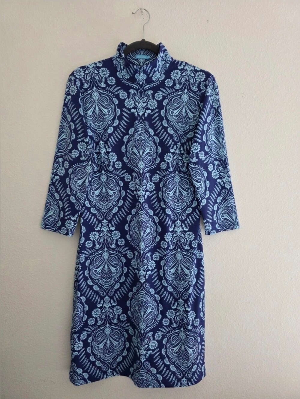 J.McLaughlin Womens Shift Dress Navy & Light Blue Damask 1/4 Zip 3/4 Sleeve Sz M